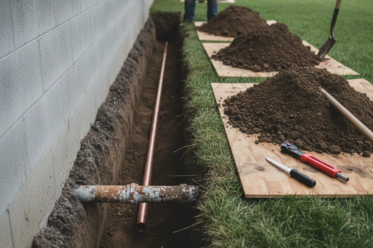 Excavated water line trench during Sewer Line Repair in Gillespie